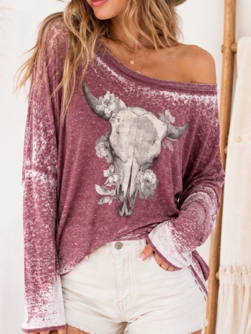 Chaser Brand Boho Long Sleeve Skull Graphic Dolman Top Medium Mauve Acid Wash